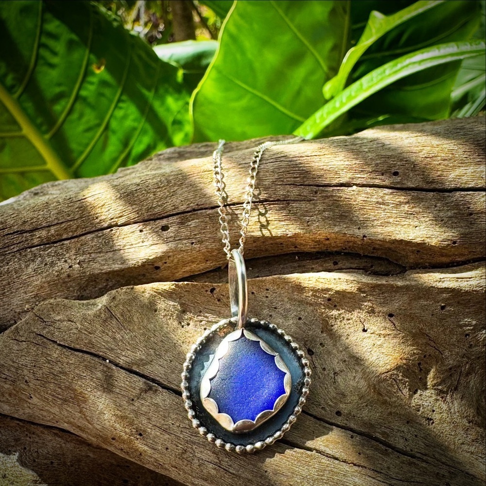 Cobalt blue sea glass Handmade 995 925 sterling silver soldered necklace